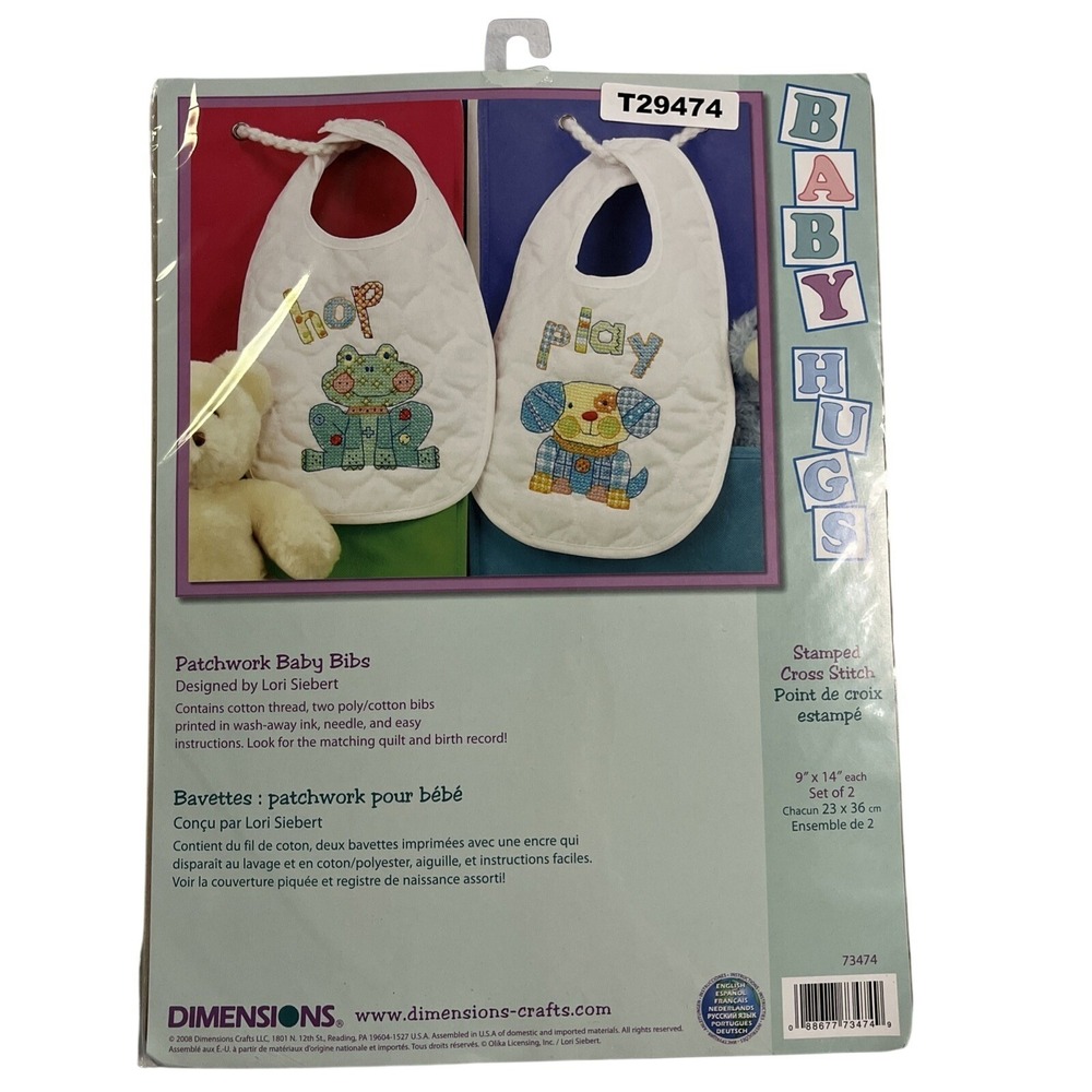 Dimensions Patchwork Baby‎ Bib Stamped Cross Stich Kit 73474 2008 Baby Hugs